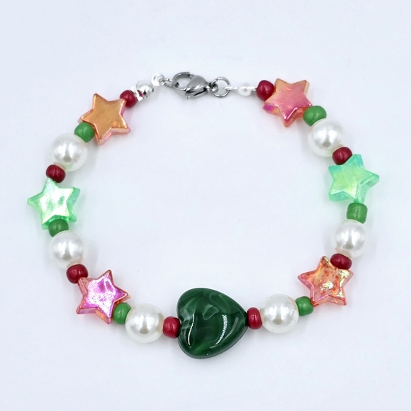 Handmade Christmas Beaded Bracelet Heart Holographic Stars Pearls Seed Beads - Picture 3 of 3
